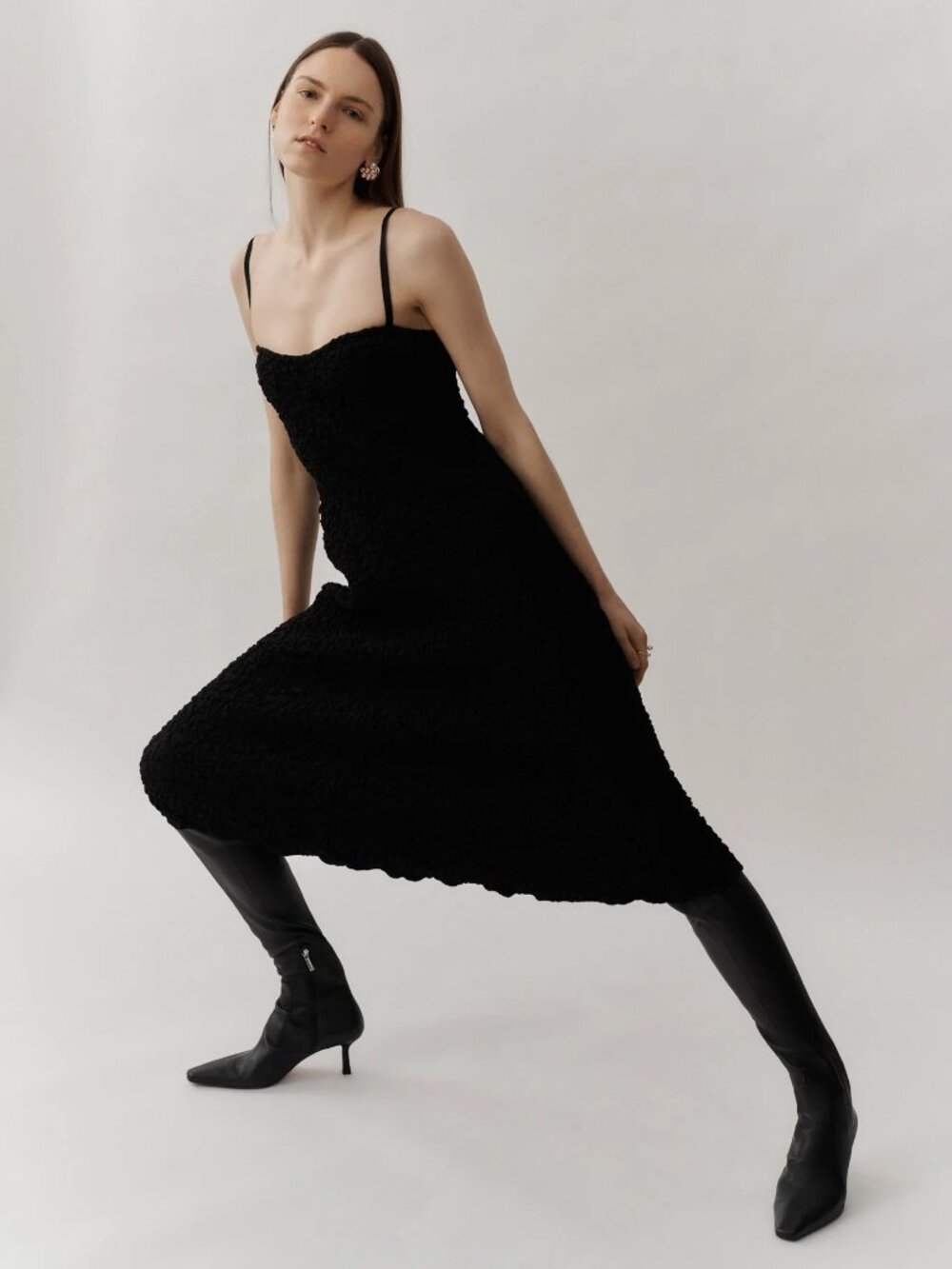 Beaufille Black Textured Crinkle Midi Dress
